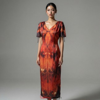 Red silk dress with drawstring shoulder T4